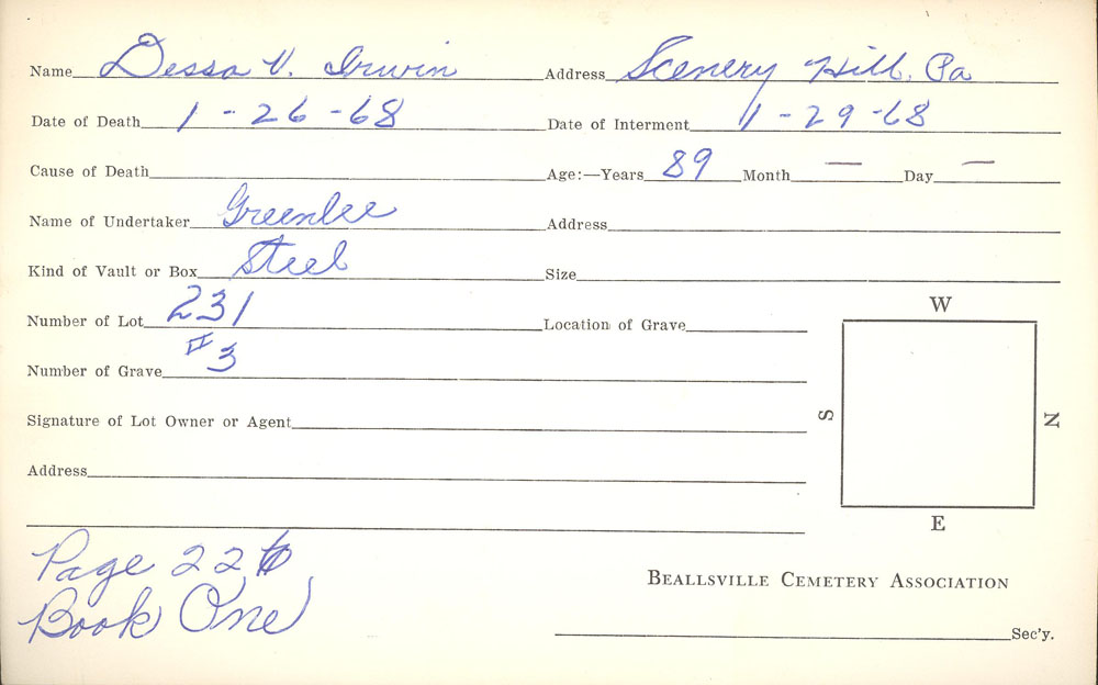 Dessie Irwin burial card